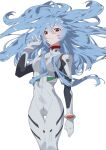  1girl aoi_(altea0923) ayanami_rei bangs blue_hair bodysuit breasts commentary_request cowboy_shot crossed_bangs evangelion:_3.0+1.0_thrice_upon_a_time hair_between_eyes hair_ornament hand_up highres interface_headset long_hair looking_at_viewer looking_down medium_breasts mixed-language_commentary neon_genesis_evangelion open_mouth plugsuit rebuild_of_evangelion red_eyes simple_background solo white_background white_bodysuit 