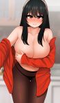  1girl absurdres black_hair black_pantyhose covering covering_breasts embarrassed hair_between_eyes hairband highres long_hair orange_eyes panties pantyhose red_shirt shirt spy_x_family sweat tagme the_only_shoe thighs topless underwear white_hairband yor_briar 