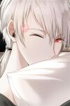  1boy bangs cheritz covering_mouth hair_between_eyes hair_tie heart long_hair looking_at_viewer low_ponytail male_focus object_hug official_art one_eye_closed pillow pillow_hug red_eyes shirt solo susanghan_messenger third-party_source white_hair zen_(susanghan_messenger) 