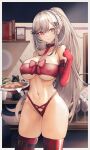  1girl arm_belt azur_lane bangs bare_shoulders belt black_cat book border braid breasts cat christmas collar commentary_request commission cookie covered_nipples cowboy_shot crown_braid dunkerque_(azur_lane) elbow_gloves food glass gloves grey_hair highres holding holding_plate indoors large_breasts linea_alba long_hair looking_at_viewer mixed-language_commentary navel outside_border paid_reward_available panties photo_(object) plate purple_eyes red_gloves red_panties red_thighhighs red_tube_top skindentation solo standing stomach strapless thigh_belt thigh_strap thighhighs thong tube_top underwear very_long_hair white_border yusha_m 