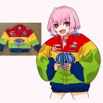  #unicus_(idolmaster) 1girl :d absurdres collar earrings fang hair_intakes highres holeecrab idolmaster idolmaster_cinderella_girls jewelry multicolored_hair nascar pepsi photo-referenced pill_earrings pink_collar pink_eyes pink_hair racing_suit smile solo thighs two-tone_hair yumemi_riamu 
