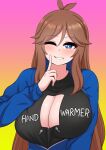  absurdres blue_eyes blue_sweater breasts brown_hair cleavage cleavage_cutout clothing_cutout highres large_breasts long_hair naughty_face one_eye_closed original smile sweater tagme the_only_shoe 