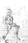  1boy absurdres boots building cape city clenched_hands dc_comics dragon_ball dragon_ball_z funsexydb gloves great_saiyaman greyscale hatching_(texture) helmet highres male_focus monochrome muscular muscular_male parody solo son_gohan 