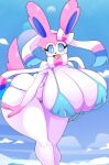  anthro big_breasts blush breasts butt eeveelution felid feline female female/female fur generation_6_pokemon huge_breasts low_res mammal nintendo nipples open_mouth pokemon pokemon_(species) simple_background smile solo sylveon thiccbuns tongue 