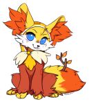  ambiguous_gender bell black_nose bloominglynx blue_eyes blue_pupils cheek_tuft clothed clothing delphox facial_tuft fangs feral fluffy fluffy_tail front_view full-length_portrait fur generation_6_pokemon grin head_tuft hi_res inner_ear_fluff looking_at_viewer nintendo orange_body orange_fur orange_inner_ear_fluff pokemon pokemon_(species) portrait pupils signature simple_background sitting smile solo tail teeth tuft white_background yellow_body yellow_fur 