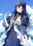  1girl alternate_costume ameno_(a_meno0) bangs black_dress blue_dress blue_eyes blue_flower blue_hair blue_sky blush cloud dress elbow_gloves fire_emblem fire_emblem_awakening flower globes gloves gold_trim grin hair_between_eyes holding holding_flower jewelry long_hair looking_at_viewer lucina_(fire_emblem) multicolored_clothes multicolored_dress outdoors petals puffy_sleeves sky smile solo tiara white_dress white_gloves 