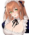  1girl absurdres bangs blush breasts brown_hair cleavage commentary_request dress frilled_dress frills girls&#039;_frontline green_eyes hair_between_eyes hair_ribbon hair_rings head_tilt highres large_breasts long_hair looking_at_viewer maid maid_headdress open_mouth puffy_sleeves ribbon shoukaki_(earthean) simple_background smile solo springfield_(girls&#039;_frontline) upper_body white_background 