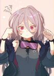  1girl absurdres arms_up black_jacket black_shirt bracelet clenched_hands commentary_request earphones frown fur-trimmed_jacket fur_trim girls&#039;_frontline goggles goggles_around_neck grey_hair hair_between_eyes highres jacket jewelry long_hair multicolored_hair pink_background pink_eyes pink_hair ryunosuke_nikaido shirt sleeveless sleeveless_shirt solo streaked_hair t-cms_(girls&#039;_frontline) upper_body 