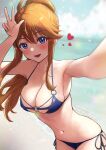  1girl ahoge areola_slip armpits beach bikini blue_bikini blush breasts brown_hair c_(theta) cleavage collarbone foreshortening heart highres idolmaster idolmaster_million_live! looking_at_viewer medium_breasts navel o-ring o-ring_bikini outdoors ponytail selfie side-tie_bikini_bottom sidelocks signature skindentation smile solo swimsuit tokoro_megumi w 