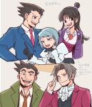  2girls 3boys ace_attorney ascot bandaid bandaid_on_face bangs black_gloves black_hair black_vest blue_eyes blue_hair blunt_bangs brown_hair closed_mouth collared_shirt dick_gumshoe earrings facial_hair finger_to_face formal franziska_von_karma gem gloves grey_eyes grey_hair hair_intakes hair_ornament half_updo hand_on_own_chin hanten_(clothes) highres index_finger_raised jacket japanese_clothes jewelry juliet_sleeves kimono long_hair long_sleeves looking_at_viewer magatama maya_fey miles_edgeworth mole mole_under_eye multiple_boys multiple_girls necklace necktie nono_(norabi) open_mouth parted_bangs phoenix_wright puffy_sleeves purple_jacket red_jacket shirt short_hair sidelocks simple_background smile stubble suit thick_eyebrows upper_body vest vest_over_shirt white_kimono white_shirt 