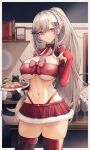  1girl arm_belt azur_lane bangs belt black_cat book border bow braid breasts cat christmas collar commentary_request commission cookie covered_nipples cowboy_shot crown_braid dunkerque_(azur_lane) elbow_gloves food fur-trimmed_skirt fur_trim glass gloves grey_hair highres holding holding_plate indoors large_breasts linea_alba long_hair looking_at_viewer midriff miniskirt mixed-language_commentary navel outside_border paid_reward_available photo_(object) plate purple_eyes red_bow red_gloves red_skirt red_thighhighs red_tube_top skindentation skirt solo standing strapless thigh_belt thigh_strap thighhighs thighs tube_top very_long_hair white_border yusha_m 