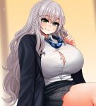  braid breasts cleavage green_eyes highres hololive large_breasts long_hair looking_at_viewer necktie playing_with_own_hair pleated_skirt shirogane_noel shirt skirt smile tagme the_only_shoe virtual_youtuber white_hair white_shirt 