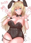  1girl 2023 absurdres alternate_costume animal_ears atago_(kancolle) bare_shoulders black_bow black_bowtie black_leotard blonde_hair blush bow bowtie breasts carrot cleavage detached_collar hair_between_eyes highres kantai_collection large_breasts leotard lokolokooo long_hair looking_at_viewer playboy_bunny rabbit rabbit_ears rabbit_tail simple_background solo tail white_background wrist_cuffs 