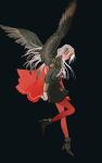  1girl black_background black_footwear cape edelgard_von_hresvelg feathered_wings fire_emblem fire_emblem:_three_houses full_body garreg_mach_monastery_uniform hair_ribbon high_heels highres long_hair looking_at_viewer mimulishizi pantyhose purple_eyes red_cape red_pantyhose ribbon sidelocks sideways_glance simple_background solo white_hair wings 