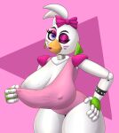  &lt;3 absurd_res accessory animatronic anthro avian big_breasts bird breasts chicken clothed clothing el_jyjys female five_nights_at_freddy&#039;s five_nights_at_freddy&#039;s:_security_breach galliform gallus_(genus) glamrock_chica_(fnaf) hi_res huge_breasts machine nipple_outline nipples one_eye_closed phasianid robot scottgames simple_background solo thick_thighs white_body wink 