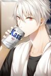  1boy asymmetrical_bangs bangs black_shirt can cheritz drinking fingernails hair_tie holding holding_can long_hair looking_at_viewer low_ponytail male_focus official_art pointy_ears red_eyes shirt solo susanghan_messenger t-shirt third-party_source towel towel_around_neck white_hair zen_(susanghan_messenger) 