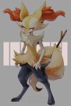  1other absurdres animal_ear_fluff animal_ears animal_feet animal_hands animal_nose artist_name black_fur body_fur braixen character_name closed_mouth commentary english_text fox_ears fox_tail full_body fur_collar furry grey_background highres legs_apart looking_at_viewer multicolored_fur other_focus pokemon pokemon_(creature) red_eyes shia_(shi12_poke) signature simple_background snout solo standing stick tail white_fur yellow_fur 