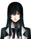  1girl ado_(singer) black_bow black_bowtie black_hair black_jacket blue_flower blue_hair blue_rose bow bowtie closed_mouth colored_inner_hair flower grey_eyes hair_between_eyes highres hoshi_san_3 jacket long_hair looking_away multicolored_hair neck_flower niconico rose shirt simple_background solo upper_body white_background white_shirt 