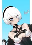  1girl alternate_costume bikini black_hairband blue_eyes breasts earrings fur_trim hairband highres jewelry looking_at_viewer mole mole_under_mouth nier_(series) nier_automata no_blindfold rumi_(rumigawa31) short_hair small_breasts solo swimsuit upper_body white_hair yorha_no._2_type_b 