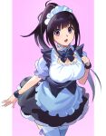  1girl :d absurdres alternate_costume alternate_hairstyle apron black_dress black_hair chitanda_eru dress enmaided highres hyouka long_hair looking_at_viewer maid maid_apron maid_headdress ponytail puffy_short_sleeves puffy_sleeves purple_background purple_eyes sakamoto_(ojiojiojisanda) short_sleeves simple_background smile solo thighhighs 