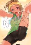  1girl bike_shorts blonde_hair breasts breath cameltoe commentary_request dripping exercise from_below hand_on_own_thigh heavy_breathing idolmaster idolmaster_cinderella_girls kurushima_gire large_breasts looking_at_viewer manabe_itsuki open_mouth pink_eyes ponytail sidelocks sleeveless speech_bubble sports_bra sportswear spread_legs sweat translation_request 