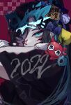  1girl 2022 ado_(singer) aqua_eyes ashura-chan bangs baseball baseball_bat black_hair blue_flower blue_rose boxing_gloves calligraphy_brush colored_inner_hair covering_mouth ema facepaint flower gira_gira gloves hands_up highres holding holding_brush long_hair looking_at_viewer mask mask_on_head masquerade_mask multicolored_hair odo_(song) original orihara_(ewkkyorhr) paintbrush ponytail readymade rose sidelocks signature slit_pupils solo upper_body very_long_hair white_gloves yoru_no_pierrot 