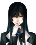  1girl :d ado_(singer) black_bow black_bowtie black_hair black_jacket blue_flower blue_hair blue_rose bow bowtie colored_inner_hair covering_mouth facing_viewer flower gloves hair_between_eyes hand_over_own_mouth hand_up highres hoshi_san_3 jacket long_hair multicolored_hair neck_flower niconico open_mouth rose shirt simple_background smile solo upper_body white_background white_gloves white_shirt 