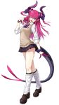  1girl absurdres asymmetrical_horns bangs blue_eyes blush curled_horns dragon_girl dragon_tail elizabeth_bathory_(fate) elizabeth_bathory_(fate/extra_ccc) fate/extra fate/extra_ccc fate/grand_order fate_(series) hair_ornament hair_ribbon highres horns long_hair looking_at_viewer loose_socks pink_hair plaid plaid_skirt pointy_ears ribbon school_uniform shirt simple_background skirt smile socks solo suien tail white_shirt 