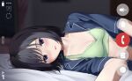  1girl bed_sheet black_hair blue_shirt blush bra breasts cleavage green_bra highres indoors kiona_(giraffe_kiona) looking_at_viewer lying on_bed on_side open_clothes open_shirt original phone_screen shirt small_breasts smile underwear upper_body video_call 