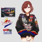  1girl absurdres bangs brown_hair grey_background hair_ornament hairclip hairpin highres higuchi_madoka holeecrab idolmaster idolmaster_shiny_colors indycar marlboro mole mole_under_eye noctchill_(idolmaster) own_hands_together photo-referenced purple_eyes racing_suit short_hair simple_background solo swept_bangs 