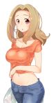  1girl arm_at_side blonde_hair blush breasts check_commentary cleavage collarbone commentary commentary_request covered_nipples crop_top denim highres idolmaster idolmaster_cinderella_girls jeans kurushima_gire large_breasts looking_at_viewer manabe_itsuki midriff navel open_fly orange_shirt pants parted_lips pink_eyes shirt short_sleeves sweat transparent_background trash_bag wet wet_hair 