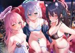  3girls ahoge animal_ear_fluff animal_ears armchair bangs bare_shoulders black_bra black_gloves black_hair black_panties blue_archive blue_eyes blush bottomless bra breasts breasts_apart breath cat_ears chair cleavage closed_mouth collarbone condom condom_wrapper cross_hair_ornament cup diffraction_spikes drinking_glass extra_ears fang fingerless_gloves gloves grey_hair groin hair_ornament halo halterneck heterochromia highres hoshino_(blue_archive) indoors long_hair medium_breasts medium_hair micro_bra multiple_girls navel open_mouth panties panties_around_one_leg pink_hair red_eyes serika_(blue_archive) shiroko_(blue_archive) sidelocks sitting small_breasts sparkle standing string_panties sweat togami_(tobysou526) underwear undressing white_bra window wine_glass wolf_ears yellow_eyes 