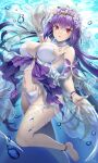  1girl bangs bare_shoulders bikini breasts cleavage emanon123 fate/grand_order fate_(series) flower hair_between_eyes hair_flower hair_ornament highres large_breasts long_hair looking_at_viewer navel parted_lips purple_hair red_eyes scathach_(fate) scathach_skadi_(fate) scathach_skadi_(swimsuit_ruler)_(fate) scathach_skadi_(swimsuit_ruler)_(third_ascension)_(fate) see-through smile solo swimsuit thighs underwater white_bikini 