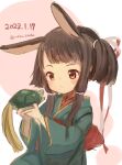  1girl alternate_costume animal_ears black_hair commentary_request cowboy_shot dated green_kimono holding japanese_clothes kantai_collection kimono kurahashi_(kancolle) medium_hair one-hour_drawing_challenge rabbit_ears red_eyes sidelocks turtle twintails twitter_username wss_(nicoseiga19993411) 