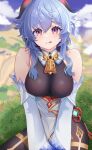  1girl :3 :q bangs bare_shoulders blue_hair blue_sky blurry blurry_background blush bodystocking breasts cloud commentary day detached_sleeves ganyu_(genshin_impact) genshin_impact hair_between_eyes high-waist_skirt highres horns large_breasts long_hair long_sleeves looking_at_viewer outdoors purple_eyes skirt sky solo tongue tongue_out vision_(genshin_impact) wakya white_skirt 