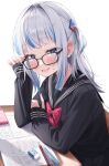  1girl absurdres adjusting_eyewear bangs black_sailor_collar black_serafuku blue_eyes blue_hair blue_nails blunt_bangs blush bow bowtie commentary desk eraser flying_sweatdrops gawr_gura glasses green_tea_(greente42869067) grey_hair hair_intakes hair_ornament highres hololive hololive_english long_hair long_sleeves looking_at_viewer multicolored_hair on_chair one_side_up open_mouth pen pencil red_bow red_bowtie sailor_collar school_desk school_uniform serafuku shark_hair_ornament sidelocks simple_background sitting sleeves_past_wrists solo streaked_hair sweatdrop virtual_youtuber white_background 
