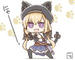  1girl :3 :d animal_ear_fluff animal_ears artist_name ascot assault_lily bangs bare_shoulders belt belt_buckle beret black_ascot black_bow black_gloves black_headwear black_thighhighs blonde_hair blue_skirt bow brown_belt buckle cat_ears cat_girl cat_tail chibi collared_shirt commentary ears_through_headwear elbow_gloves facial_mark fang frilled_skirt frills full_body gloves gochisousama_(tanin050) hair_bow hat high-waist_skirt kemonomimi_mode legs_apart long_hair looking_at_viewer low_twintails no_shoes odaiba_girls_high_school_uniform paw_pose paw_print paw_print_background pleated_skirt purple_eyes scabbard school_uniform sheath sheathed shirt shoulder_strap skirt sleeveless sleeveless_shirt slit_pupils smile solo standing striped striped_bow sword tail tail_bow tail_ornament tail_raised takehisa_nakaba thighhighs translated twintails v-shaped_eyebrows very_long_hair weapon whisker_markings white_background white_shirt 