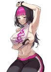  1girl abs absurdres arm_up armpits bangs black_gloves black_hair breasts gloves han_juri highres johwa_(1n33dyour1ov3) large_breasts long_hair looking_at_viewer midriff multicolored_hair muscular muscular_female navel pants parted_lips partially_fingerless_gloves pink_eyes pink_hair shirt simple_background sleeveless sleeveless_shirt solo street_fighter street_fighter_v two-tone_hair white_background white_shirt yoga_pants 