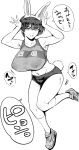  1girl animal_ears breasts bunny_pose buruma chinese_zodiac covered_nipples fake_animal_ears fake_tail greyscale hands_up huge_breasts jumping looking_at_viewer maguro_teikoku midriff monochrome navel open_mouth original parted_lips rabbit_ears short_hair simple_background socks solo tail white_background year_of_the_rabbit 