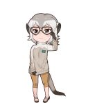  1girl animal_ear_fluff animal_ears black_eyes closed_mouth extra_ears glasses gloves grey_hair highres kemono_friends leggings looking_at_viewer meerkat_(kemono_friends) official_art sandals short_hair simple_background solo sweater tail transparent_background yoshizaki_mine 