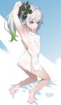  1girl absurdres armpits arms_behind_head arms_up ass bare_arms bare_legs bare_shoulders barefoot bed_sheet breasts commentary_request dress from_behind full_body genshin_impact gradient_hair green_eyes green_hair grey_hair hair_intakes hair_ornament hands_in_hair highres kneeling long_hair multicolored_hair nahida_(genshin_impact) ponytail ryeon_(bluetom1) see-through sleeveless sleeveless_dress small_breasts soles solo twisted_torso very_long_hair white_dress 