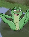  amphibian anthro blush female flat_chested frog genitals hi_res holding_legs_up illegaleel leaking_pussy outside presenting presenting_pussy princess_tiana pussy solo spread_legs spreading the_princess_and_the_frog 
