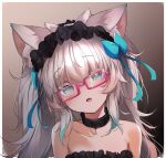  1girl absurdres animal_collar animal_ear_fluff animal_ears bare_shoulders black_collar black_hairband blue_eyes blue_ribbon border brown_background cat_ears collar collarbone commentary_request fang frilled_hairband frills glasses gradient_background hair_over_eyes hair_ribbon hairband head_tilt highres indie_virtual_youtuber kana616 long_hair looking_at_viewer messy_hair open_mouth pink-framed_eyewear raised_eyebrows ribbon skin_fang slit_pupils solo virtual_youtuber white_border white_hair yumi_koburako 