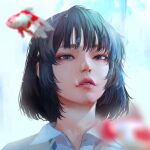  1girl black_hair blue_eyes blurry blurry_foreground bob_cut bubble depth_of_field fish highres looking_at_viewer original parted_lips portrait short_hair solo underwater wataboku 
