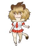  1girl animal_ear_fluff animal_ears brown_eyes brown_hair closed_mouth extra_ears highres kemono_friends kneehighs lion_(kemono_friends) lion_ears lion_girl lion_tail looking_at_viewer necktie official_art scarf shirt shoes short_hair simple_background skirt socks solo tail transparent_background yoshizaki_mine 