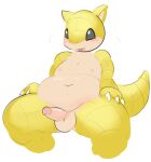  2023 air_puff anthro balls belly big_belly blush bodily_fluids claws deep_navel elpatrixf generation_1_pokemon genitals grey_eyes humanoid_genitalia humanoid_penis male navel nintendo nipples no_pupils open_mouth overweight overweight_male penis pokemon pokemon_(species) sandshrew simple_background solo sweat tan_body tan_skin thick_thighs white_background yellow_body yellow_skin 