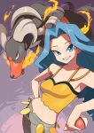  1girl bare_shoulders blue_eyes blue_hair breasts commentary_request crop_top fire grey_pants hand_on_hip highres holding holding_poke_ball houndoom karen_(pokemon) kellila93 long_hair looking_at_viewer navel pants poke_ball poke_ball_(basic) pokemon pokemon_(creature) pokemon_(game) pokemon_hgss shirt smile yellow_shirt 