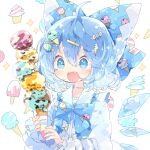  1girl :d bangs blue_bow blue_bowtie blue_eyes blue_hair bow bowtie cirno commentary_request fang food food-themed_hair_ornament frills hair_bow hair_ornament hairclip happy highres holding_ice_cream ice ice_cream ice_cream_cone ice_cream_hair_ornament ice_cream_print ice_wings long_sleeves medium_hair nikorashi-ka open_mouth popsicle shirt skin_fang smile solo sparkle too_many too_many_scoops touhou upper_body white_shirt wings 