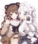  2girls :d ahoge animal_bag animal_ears bag bangs bear_ears bear_hat black_bow black_headwear blue_eyes bow brown_bow brown_eyes brown_hair brown_jacket brown_skirt commentary eyebrows_hidden_by_hair fake_animal_ears fang fish_hair_ornament frilled_sailor_collar frilled_sleeves frills hair_ornament hand_up heart high-waist_skirt highres jacket long_hair long_sleeves moffle_(ayabi) multiple_girls open_clothes open_jacket original parted_bangs pleated_skirt romaji_commentary sailor_collar shirt short_eyebrows shoulder_bag simple_background skirt sleeves_past_wrists smile thick_eyebrows very_long_hair white_background white_hair white_headwear white_sailor_collar white_shirt white_skirt 