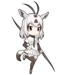  1girl animal_ears arabian_oryx_(kemono_friends) black_eyes closed_mouth extra_ears grey_hair highres horns kemono_friends looking_at_viewer necktie official_art pantyhose shirt shoes short_hair skirt solo tail transparent_background weapon yoshizaki_mine 
